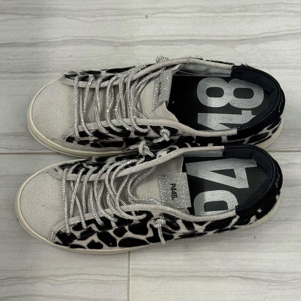 P448 Animal Print Fur Lined Tennis Shoes with Rhinestone Laces - Picture 4 of 13